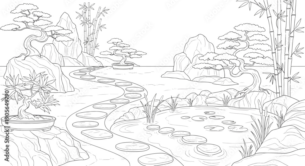 Fototapeta premium Zen Japanese Garden with Bonsai Trees, Stepping Stones, and Koi Pond Coloring Page