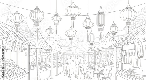 Vibrant Night Market with Hanging Paper Lanterns and Traditional Stalls Coloring Page