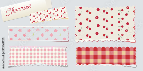 Assorted patterned paper scraps with cherry and gingham designs