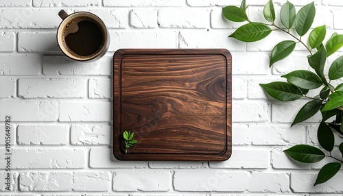 Top-down view of a wooden board, coffee, and leaves on a white brick background