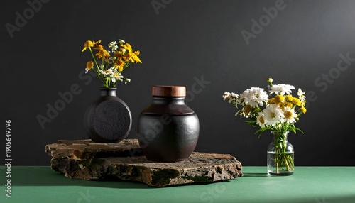 Still life with flowers in vases on green table against dark backdrop
