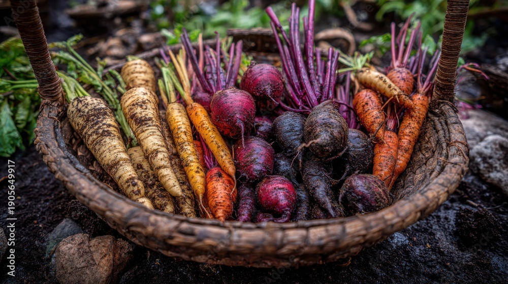 Fototapeta premium A Rich Harvest of Colorful Root Vegetables in a Rustic Basket