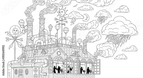 Whimsical Steampunk Weather Factory with Smoke Stacks and Celestial Clouds Coloring Page