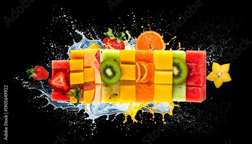 Fruit mosaic of colorful slices, with water splashing against a black background