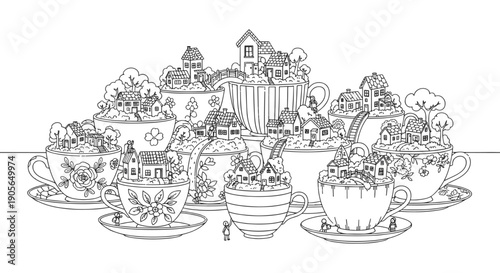Whimsical Miniature Village Built Inside Decorative Teacups Coloring Page