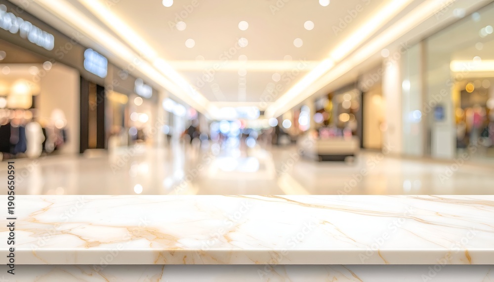 Fototapeta premium Marble surface overlooking blurry mall hallway with bright ceiling lights