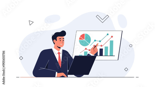 Businessman analyzing financial data on a laptop and presentation screen