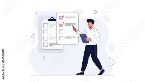 Man checking off tasks on a checklist, business planning, to-do list concept