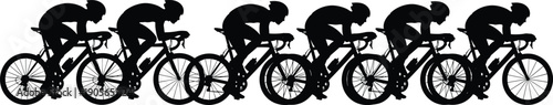 Black and white cycling silhouette set featuring seven professional racers in aerodynamic formation for competitive road bike sports graphic design
