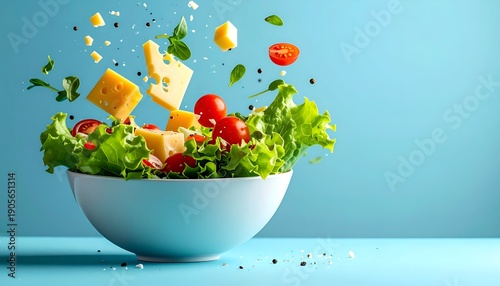 Salad levitation cheese, tomatoes, greens float above a white bowl on blue