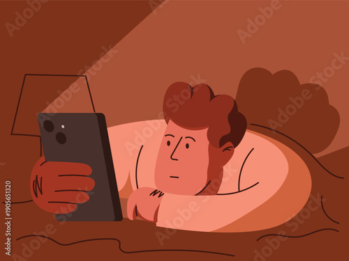 Man looking at smartphone screen, online at night, social media, watching