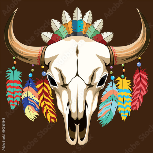 Buffalo Skull Native American Emblem with colorful feathers Vector illustration 
