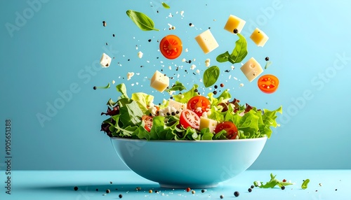 Colorful salad ingredients dynamically floating over a light blue bowl