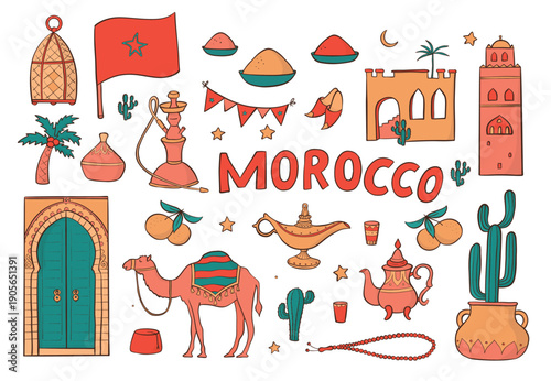 Morocco doodles, cartoon elements and clipart collection for stickers, prints, banners, wallpaper, scrapbooking, planners, Ramadan decor, etc. EPS 10
