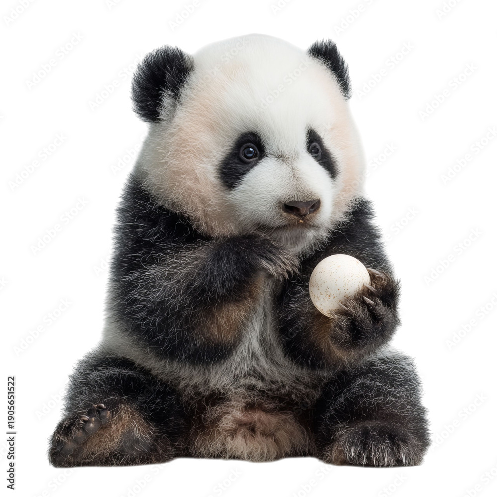 Obraz premium PNG of Cute baby panda holding an egg, showcasing its playful nature and adorable features.