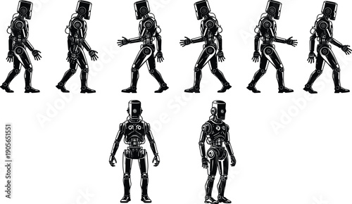 Black and white mechanical walking figure silhouettes, robot movement sequence, technical android gait study, jointed machinery character, industrial automation vector,