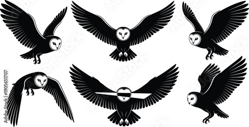 Black and white owl silhouettes set, flying poses with extended wings, minimalist bird icons, nocturnal predators, hunting flight sequence, vector,