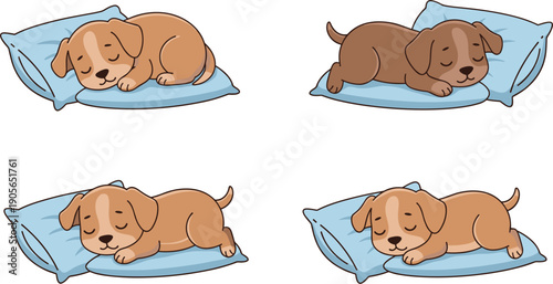 Cute Puppy Sleeping on Pillow Cartoon Character Set Isolated on White Background Flat Vector Illustration