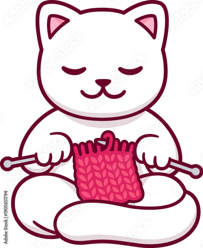 Cute cartoon white cat character sitting and knitting. Fiber crafts hobby mascot, vector illustration.