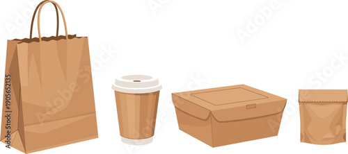 Eco Friendly Paper Food Packaging Set Isolated on White Background Flat Vector Illustration