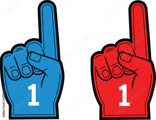 Foam Finger Number One Fan Hand Set Isolated on White Background Flat Vector Illustration