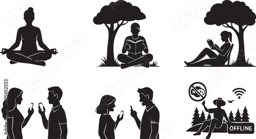 Mindfulness, Nature, and Digital Balance Silhouette Icon Set