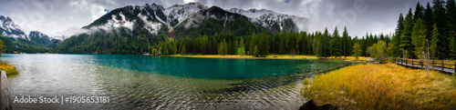 Hiking trail around Lake Antholz in autumn. South Tyrol 2025