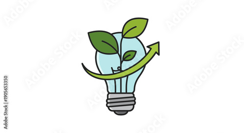 Illustration of a lightbulb with a green plant growing out of it and a curved arrow on a white background.