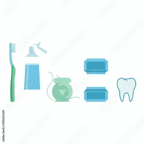 Oral hygiene tools set with toothbrush toothpaste and floss flat vector illustration isolated on white background