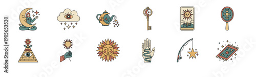 Mystical Boho Icon Set with Moon Sun Magic Key and Esoteric Symbols in Retro Linear Style