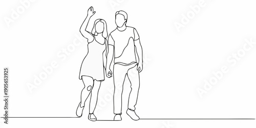 A continuous line drawing depicts a couple walking and waving cheerfully