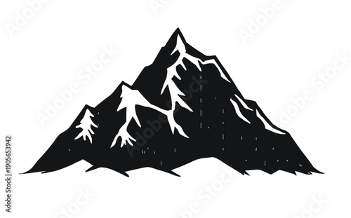 Black and white illustration of a mountain range with pine trees