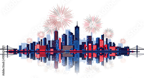 vector New York City skyline with fireworks on 4th of July, cityscape illustration for banner or poster, patriotic background