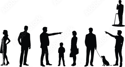 People silhouette pointing and standing poses, men women and child with dog, social interaction concept, black shadow illustration, isolated white background