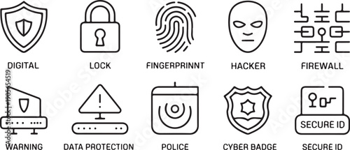 Cyber Crime Protection Symbols Black and White