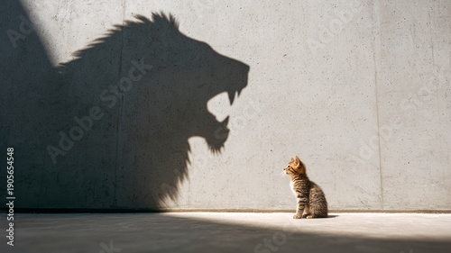 A kitten sits on a floor with the shadow of a lion on the wall, symbolizing growth, confidence, and self-perception. The concept of believing in yourself.