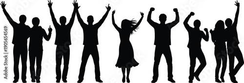 Happy people celebrating silhouette illustration group cheering dancing success party energy black vector design