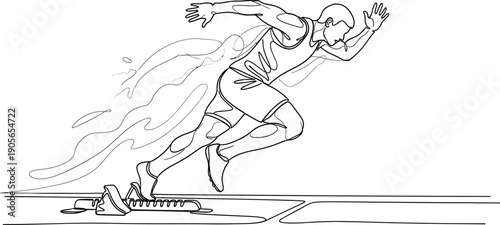 Athletic sprinter exploding from the starting blocks in a dynamic one line drawing showcasing powerful acceleration and track speed