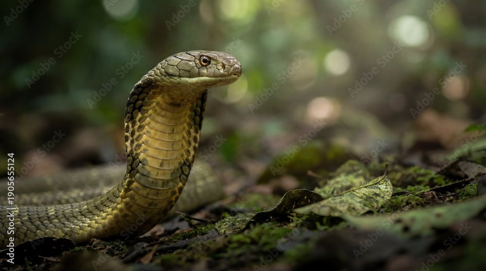 Fototapeta premium Majestic King Cobra in its natural lush jungle habitat, a powerful and venomous reptile.