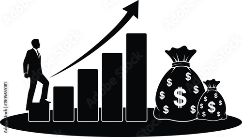 Vector, black, silhouette, illustration, of, a, businessman, climbing, a, bar, graph, towards, an, arrow, with, money, bags, for, finance, success, and, investment, design, elements (25 words)