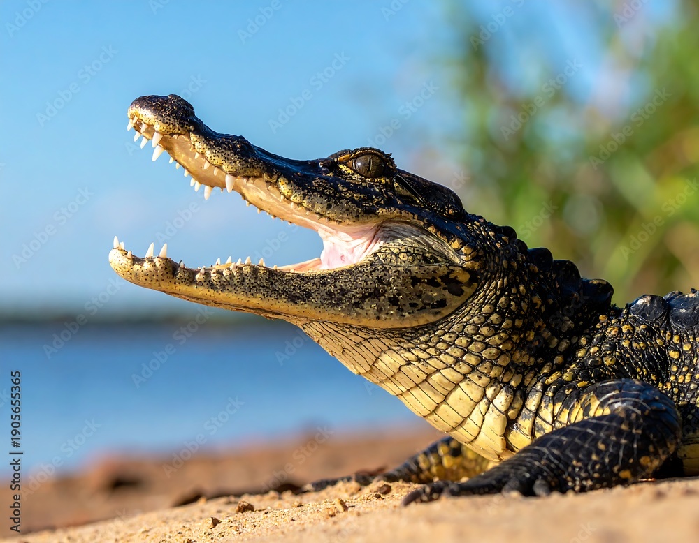 Fototapeta premium Young alligator basks with open mouth, sand texture, bright sun, blue sky/water background, greenery