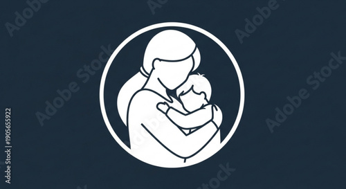 Mother Holding Baby in Minimalist Line Art Illustration on Dark Blue Background
