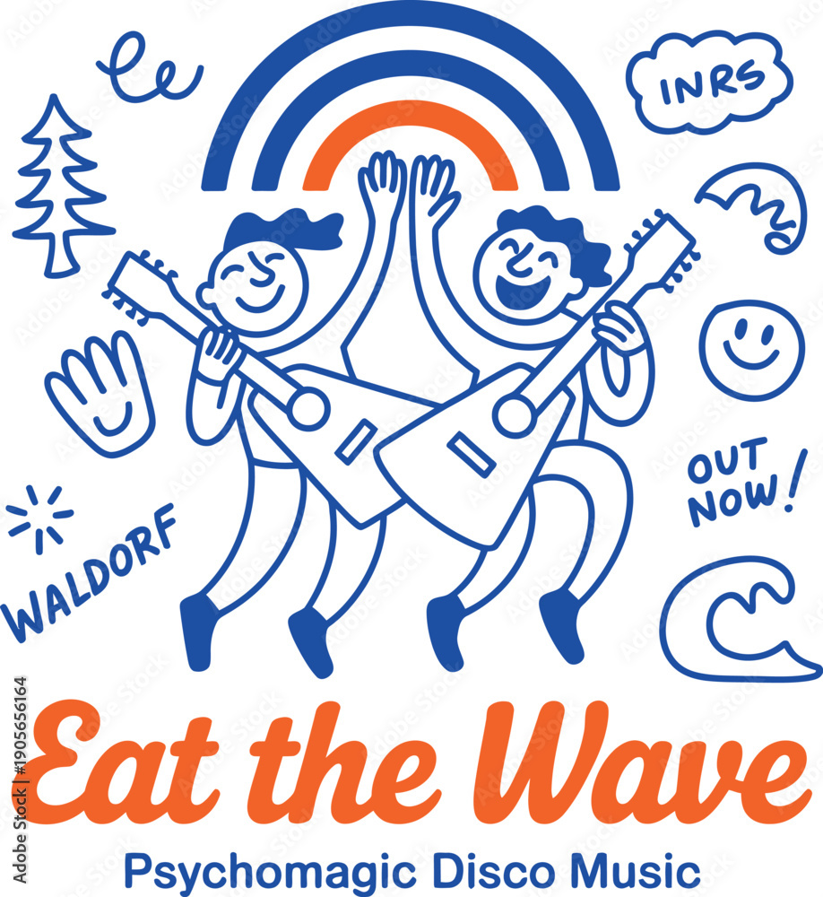 Fototapeta premium Joyful cartoon musicians playing guitars under rainbow for eat the wave psychomagic disco music event