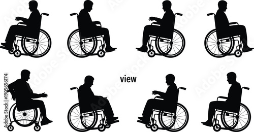 Wheelchair user silhouette set showing disabled man from multiple angles, side front back views, accessibility healthcare medical vector illustration design