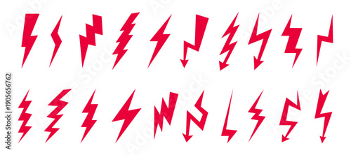 Thunder and bolt comic lighting flash icon set. Electric power thunderbolt, pop volt, dangerous sign, cartoon voltage, charge symbols