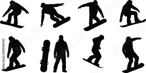 Collection of snowboarder silhouettes performing jumps and tricks isolated on white background, winter sports action set for design and branding use