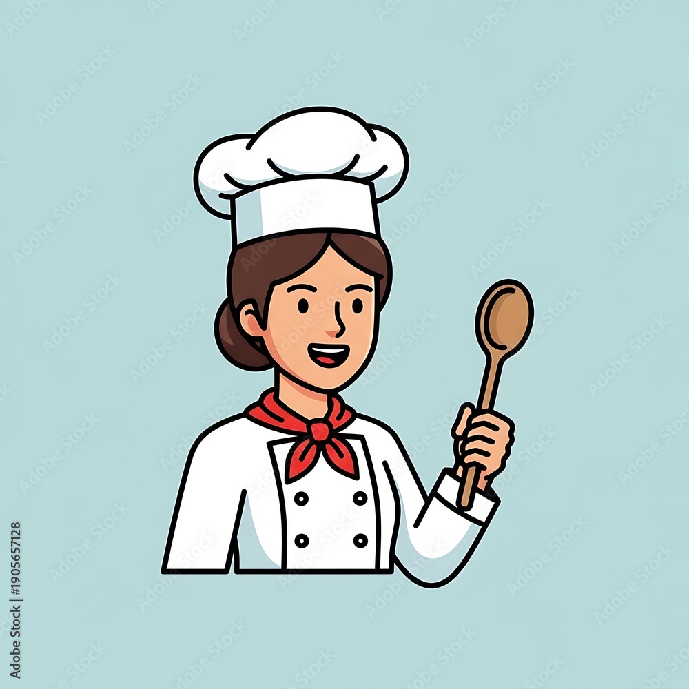 Naklejka premium Cartoon Female Chef Holding Wooden Spoon.