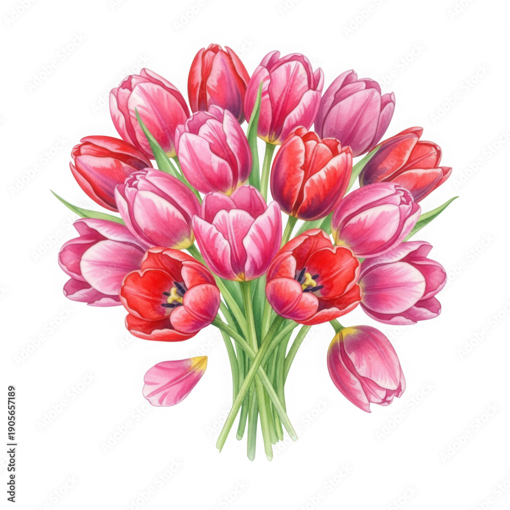 Fototapeta premium A beautiful bouquet of pink and red tulips isolated on transparent background