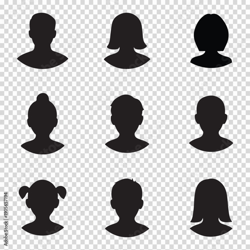 Set of nine black silhouette profiles on transparent background