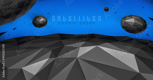 Abstract planet terrain with satellites flying around vector illustration, sci-fi space art, unknown distant planet panorama wallpaper, low poly design.